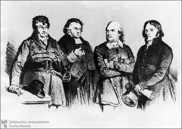 Johann Gottlieb Fichte, Friedrich Schleiermacher, Friedrich Ludwig Jahn und Ernst Moritz Arndt (undatierter Holzschnitt)